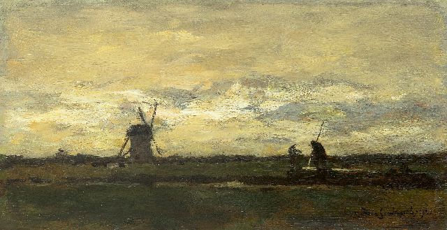 Jan Hendrik Weissenbruch | Landschaft mit Punktierung Landwirt und Mühle, Öl auf Tafel, 16,2 x 31,2 cm, Unterzeichnet u.r. und datiert 1901