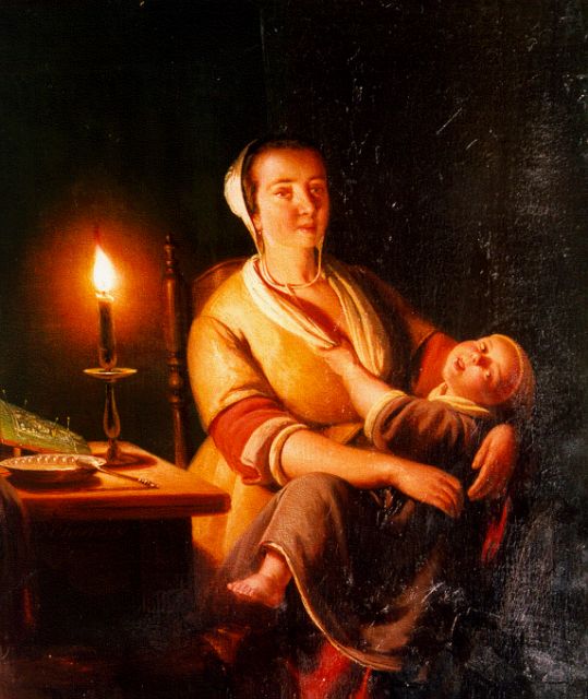Joannes Christoffel Vaarberg | Mother and child by candlelight, Öl auf Holz, 24,1 x 20,3 cm, signed l.l. und dated '61
