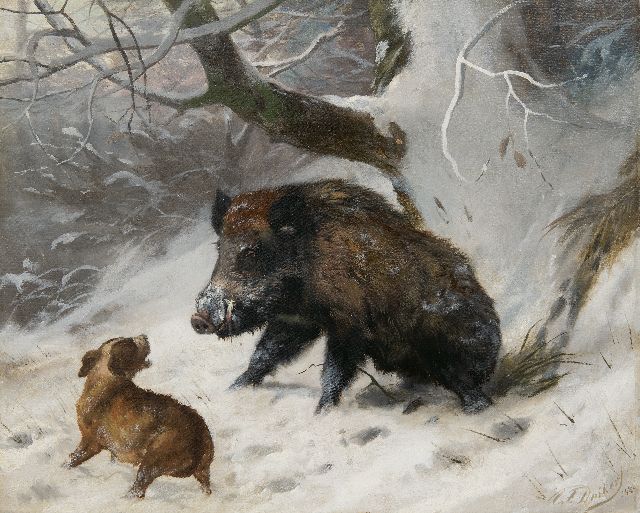 Carl Friedrich Deiker | Jagdhund der ein Wildschwein aufspürt, Öl auf Leinwand, 40,2 x 49,8 cm, Unterzeichnet u.r. und datiert 1888