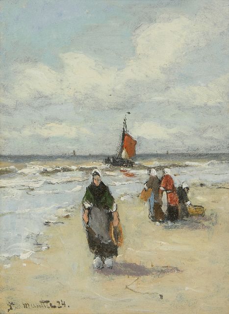Morgenstjerne Munthe | Fischerfrauen auf dem Strand, Öl auf Holzfaser, 20,0 x 15,0 cm, Unterzeichnet u.l. und datiert '24