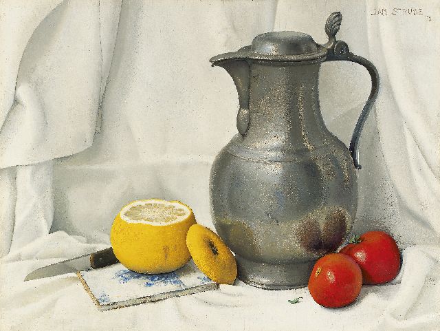 Jan Strube | Stilleben mit Zinnkanne, Zitrone und Tomaten, Öl auf Holz, 31,1 x 40,8 cm, Unterzeichnet r.o. und datiert '53