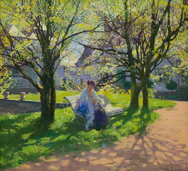 Firmin Baes | Eine Frau, die im Garten strickt, Pastell auf Papier, 45,0 x 49,8 cm, Unterzeichnet r.u. und datiert 19 April 1914