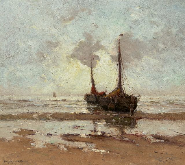 Munthe G.A.L.  | Fischerboote vor Anker am Strand, Öl auf Leinwand 57,0 x 64,3 cm, Unterzeichnet u.l. und datiert 1914