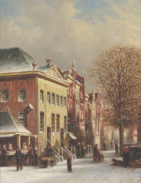 Vertin P.G.  | Winterliche Straße in Delft mit den Fischbänken an der Ecke zur Voldersgracht, Öl auf Holz 30,8 x 24,3 cm, Unterzeichnet u.r. und datiert '88