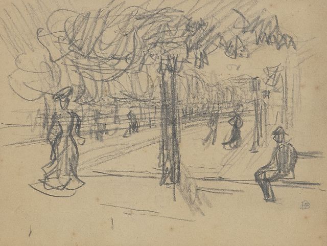 Pierre Bonnard | Boulevard animé, Schwarze Kreide auf Papier, 10,9 x 14,0 cm, Unterzeichnet r.u. mit Monogramm