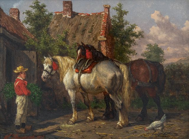 Willem Johan Boogaard | Pferde und Diener beim Stall, Öl auf Holz, 20,0 x 27,2 cm, Unterzeichnet l.u. und datiert 1877