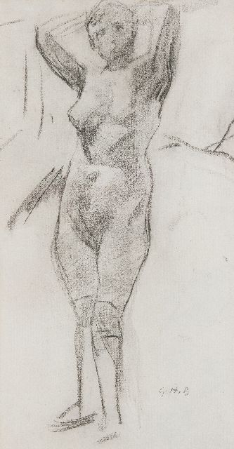 George Hendrik Breitner | Stehende Akt, Holzkohle  auf Papier, 56,0 x 30,0 cm, Unterzeichnet r.u. mit Initialen und zu datieren um 1900