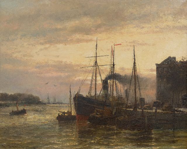 Christiaan Dommelshuizen | Frachtschiff am Kai in Rotterdam, Öl auf Leinwand, 52,5 x 65,5 cm, Unterzeichnet l.u. und datiert 1892