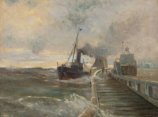 Erwin Günther | Dampfschiff auf einem Steg bei rauem Wetter, Öl auf Leinwand, 60,5 x 80,4 cm, Unterzeichnet u.l.