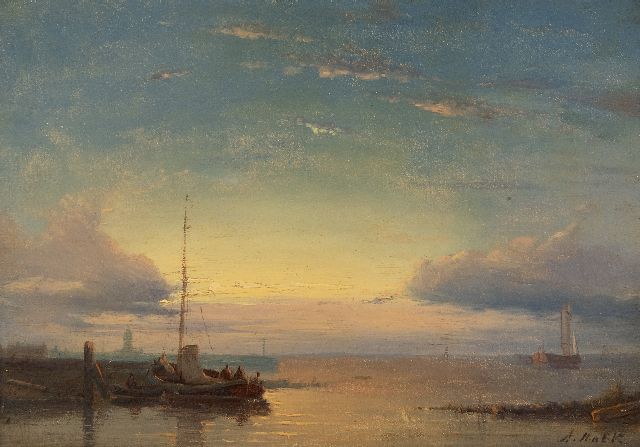 Abraham Hulk | Schiffe auf ruhiger See bei Sonnenuntergang, Öl auf Holz, 16,0 x 23,3 cm, Unterzeichnet r.u.