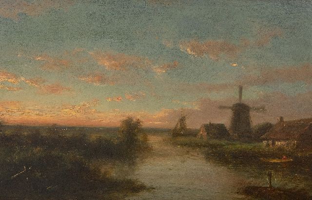 Lodewijk Johannes Kleijn | Flusslandschaft bei Sonnenuntergang, Öl auf Holz, 19,1 x 30,6 cm, Unterzeichnet u.r.