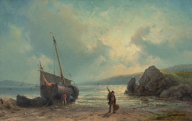 Jan H.B. Koekkoek | Fischerarbeit am Strand, Öl auf Leinwand, 42,0 x 67,5 cm, Unterzeichnet r.u.