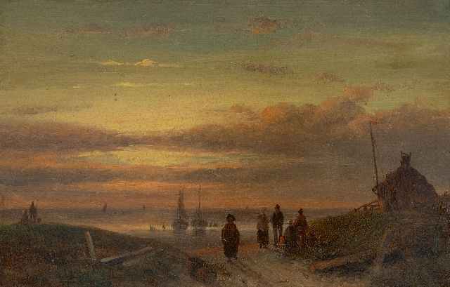 Charles Leickert | Abendlandschaft mit Fischer beim Strand, Öl auf Tafel, 12,0 x 18,3 cm, Unterzeichnet l.u. mit Monogramm