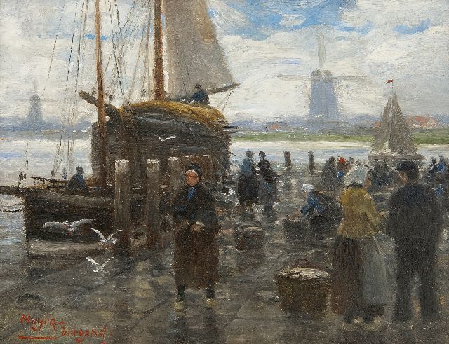 Rolf Dieter Meyer-Wiegand | Fischverkauf am Kai, Holland, Öl auf Holz, 13,9 x 17,9 cm, Unterzeichnet u.l.