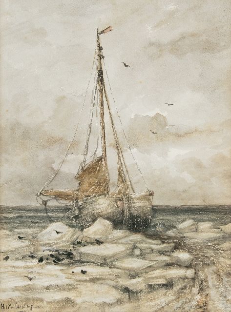 Hendrik Willem Mesdag | Bombenboot zwischen den Eisschollen am Strand, Aquarell auf Papier, 53,0 x 39,7 cm, Unterzeichnet l.u. und zu datieren um 1891