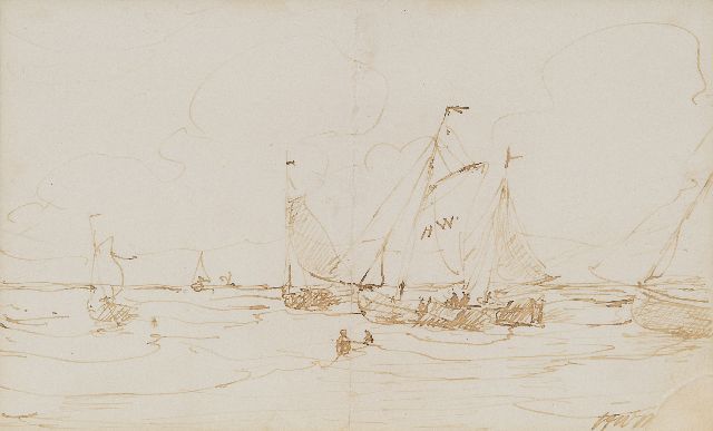 Hendrik Willem Mesdag | Lineader und Fischerboote in der Brandung, Feder und Tinte auf Papier, 11,5 x 18,0 cm, Unterzeichnet l.u. mit Initialen
