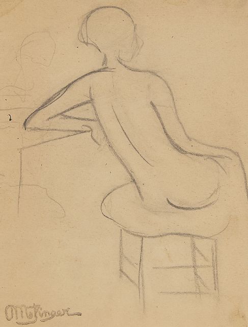 Metzinger J.D.A.  | Etude d'une femme nue assise; im Verso: Figurenstudie, Bleistift auf Papier 15,5 x 11,0 cm, Unterzeichnet l.u. und im Verso mit Künstlerstempel