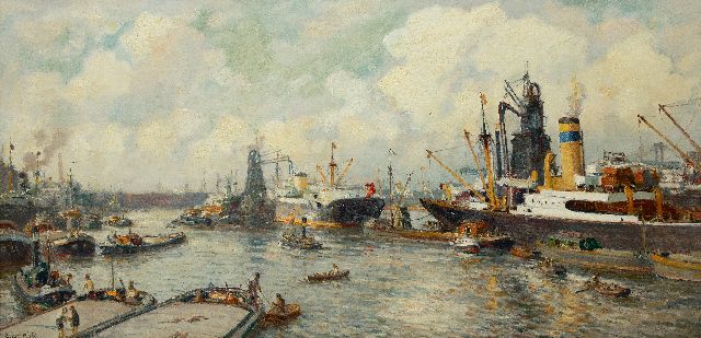 Evert Moll | Blick auf den Maashaven, Rotterdam, Öl auf Leinwand, 81,0 x 164,5 cm, Unterzeichnet l.u.