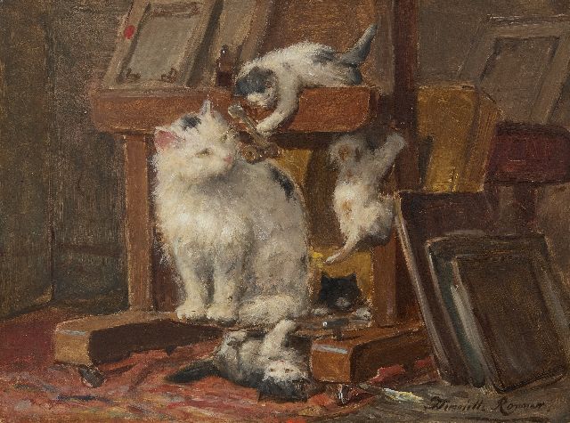 Henriette Ronner | Mutterkatze mit Kätzchen im Studio, Öl auf Papier auf Holz, 28,1 x 37,1 cm, Unterzeichnet r.u.