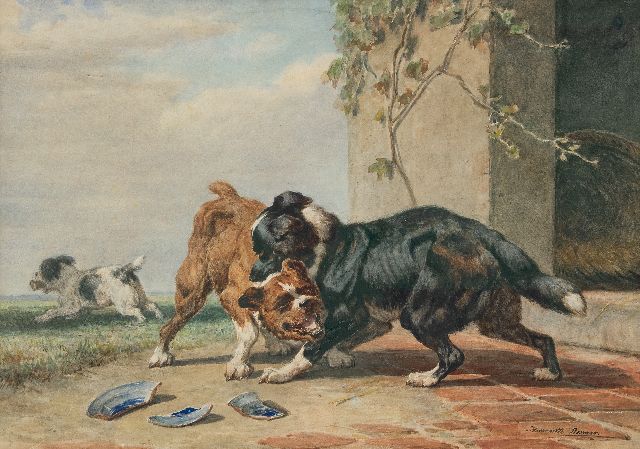 Henriette Ronner | Zwei Hunde streiten sich um ein Bein..., Aquarell auf Papier, 45,5 x 65,0 cm, Unterzeichnet r.u.