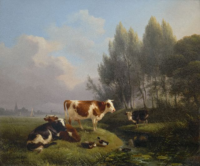 Henriette Ronner | Kühe auf der Wiese, Den Bosch im Hintergrund, Öl auf Holz, 33,0 x 39,2 cm, Unterzeichnet l.u. und datiert 1845