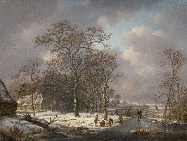 Andreas Schelfhout | Schneelandschaft mit Figuren auf einem gefrorenen Fluss, Öl auf Tafel, 53,2 x 71,0 cm, Unterzeichnet M.u. und zu datieren um 1815-1820
