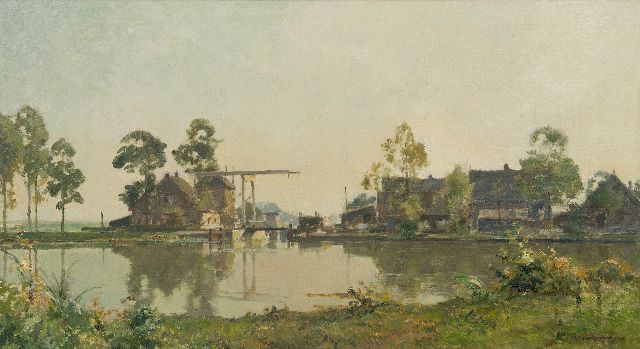 Cornelis Vreedenburgh | Bauernhof an einem Kanal mit Zugbrücke, Öl auf Leinwand, 51,0 x 90,5 cm, Unterzeichnet r.u.