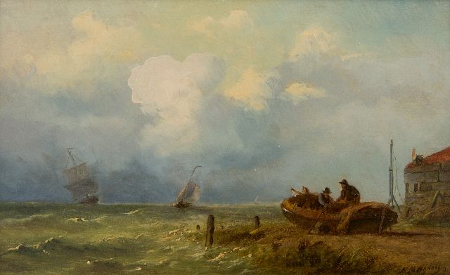 Nicolaas Martinus Wijdoogen | Fischer am Arbeit entlang einer Küste, Öl auf Holz, 17,8 x 28,3 cm, Unterzeichnet r.u.