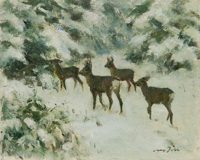 Otto Carl Wilhelm Dill | Rehe im Schnee, Öl auf Leinwand, 40,2 x 50,0 cm, Unterzeichnet u.r.