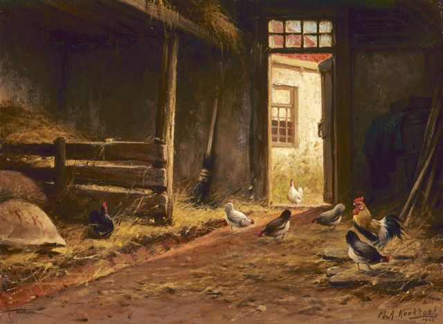 Koekkoek II M.A.  | Hühner im Stall, Öl auf Holz 24,1 x 32,5 cm, Unterzeichnet u.r. und datiert '1905