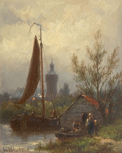 Jan H.B. Koekkoek | Ein Kanal mit Schiffe und Figuren, Öl auf Holz, 11,4 x 9,3 cm, Unterzeichnet u.l.