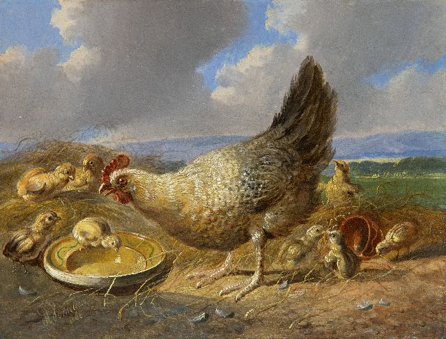 Albertus Verhoesen | Henne mit Küken in einer weiten Landschaft (zusammen mit 21929), Öl auf Holz, 14,5 x 19,3 cm, Unterzeichnet u.l. und datiert 1880