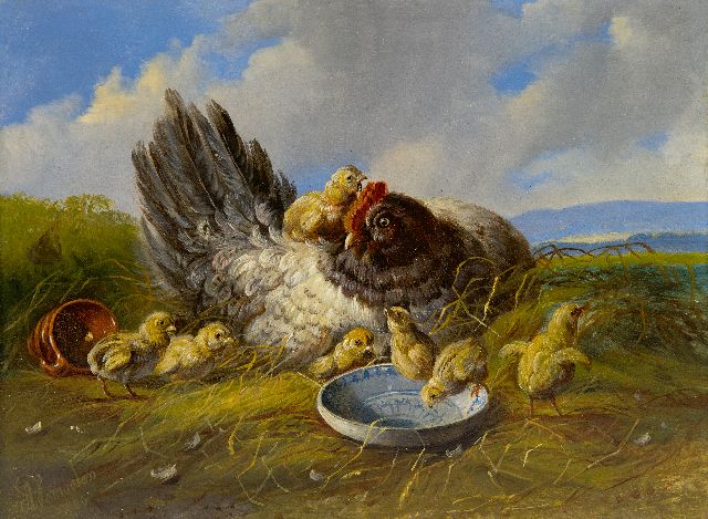 Verhoesen A.  | Henne mit Küken in einer Landschaft (zusammen mit 21928), Öl auf Tafel 14,7 x 19,2 cm, Unterzeichnet u.l. und datiert 1880