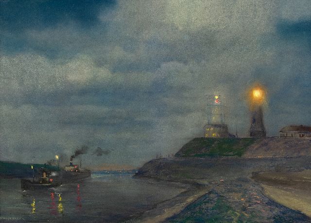 Heijenbrock J.C.H.  | Hafenmïndung von IJmuiden am Abend mit Leuchtturm und Semaphor, Pastell auf Papier 64,5 x 86,5 cm, Unterzeichnet u.l.