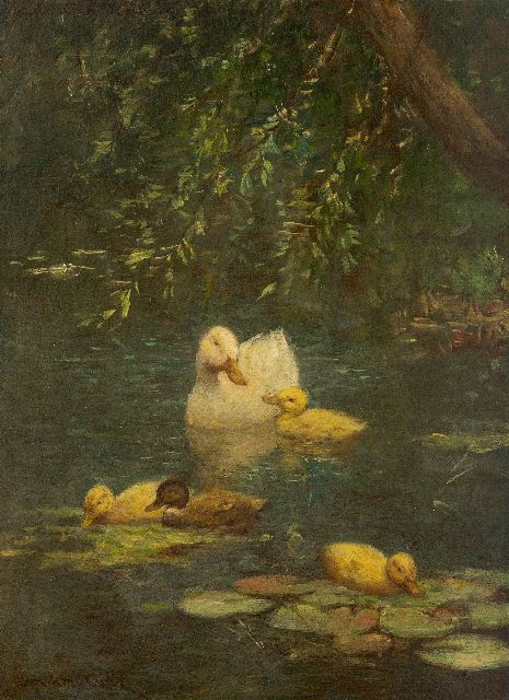 Constant Artz | Ente mit Jungen im Waldteich, Öl auf Holz, 23,8 x 17,8 cm, Unterzeichnet u.l.