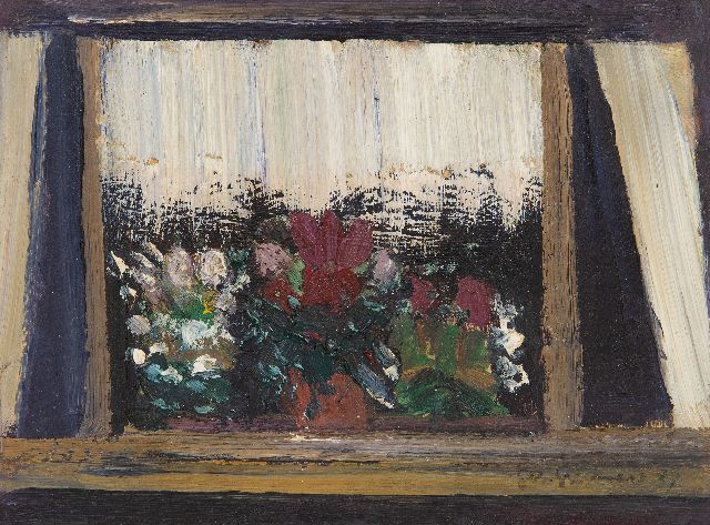 Gérard Grassère | Blumen in einem Fenster, Öl auf Holzfaser, 15,3 x 20,4 cm, Unterzeichnet u.r. und datiert '37