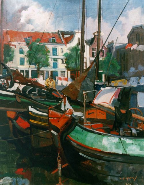 Piet Groen | Moored boats, Haringvliet Rotterdam, Öl auf Leinwand, 50,2 x 40,2 cm, signed l.r.