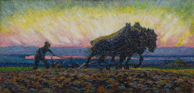 Adriaan Herman Gouwe | Pflügen von Pferden bei Sonnenaufgang, Öl auf Leinwand, 47,9 x 98,9 cm