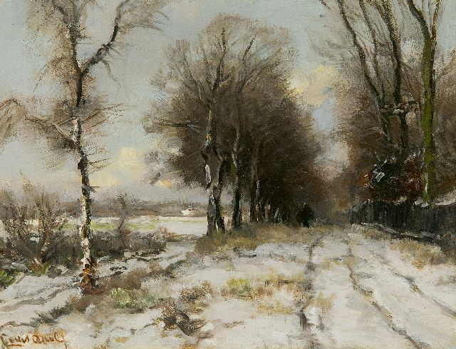 Louis Apol | Holzsammler auf einem Weg im Schnee, Öl auf Tafel, 21,8 x 28,1 cm, Unterzeichnet u.l.