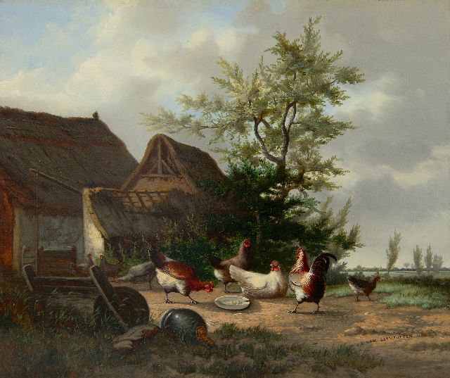 Jean-Baptiste Leopold van Leemputten | Scheunenhof mit Hahn und Hühnern, Öl auf Tafel, 28,1 x 33,7 cm, Unterzeichnet u.r. und datiert 1863