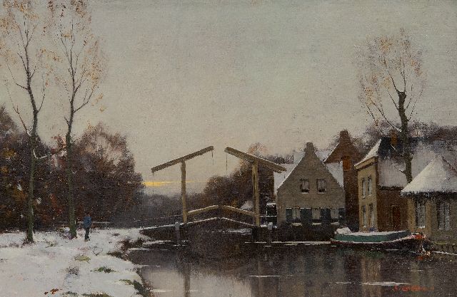 Evert Jan Ligtelijn | Winterliche Dorfansicht mit Zugbrücke, Öl auf Leinwand, 32,2 x 48,6 cm, Unterzeichnet u.r. und zu datieren um 1924