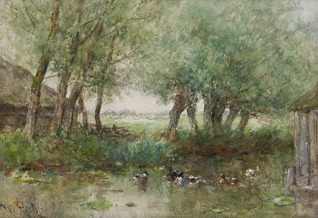 Willem Roelofs | Enten im Wasser unter Weiden, Aquarell auf Papier, 33,7 x 47,9 cm, Unterzeichnet u.l.