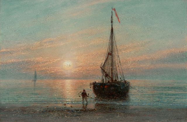 Petrus Paulus Schiedges | Zurückgegebene Fischerboot bei Sonnenuntergang, Öl auf Holz, 18,7 x 27,9 cm, Unterzeichnet u.r. und datiert '65