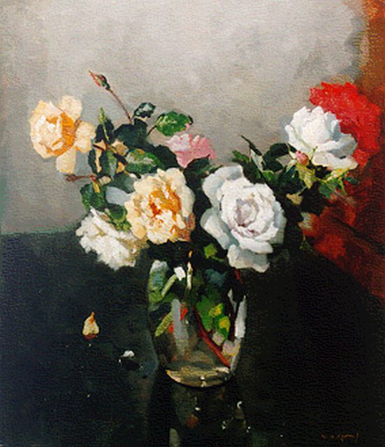 Piet Groen | Roses in a glass vase, Öl auf Leinwand, 70,3 x 60,3 cm, signed l.r.