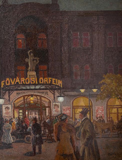 Berkes A.  | Beim Varieté-Theater Fövárosi Orfeum in Budapest, Öl auf Leinwand 115,3 x 89,0 cm, Unterzeichnet u.r. und datiert (unklar)
