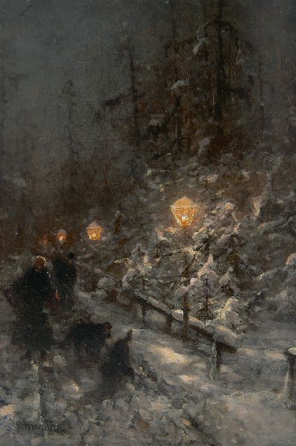 Ludwig Munthe | Abendlicher Winterweg mit Figuren im Lampenlicht, Öl auf Holz, 40,9 x 27,7 cm, Unterzeichnet u.l.