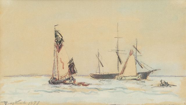 Johan Barthold Jongkind | Segelschiffe auf  den Fluss, crayon and watercolour on paper, 15,0 x 26,0 cm, Unterzeichnet u.l. und datiert 1877