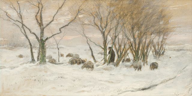 Mauve A.  | Hirte und Schafe im Schnee, Aquarell auf Papier 25,3 x 48,4 cm, Unterzeichnet u.r.