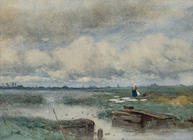 Willem Roelofs | Water landscape with bleaching field, Aquarell auf Papier, 51,0 x 70,8 cm, Unterzeichnet u.l. und zu datieren Jahre 80