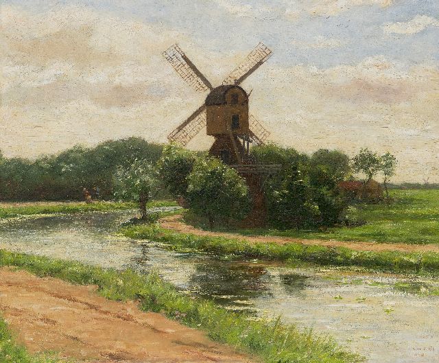 Simon Maris | Windmühle 't Haantje auf der Smal Weesp in Weesp, Öl auf Holz, 45,0 x 54,2 cm, Unterzeichnet u.r.